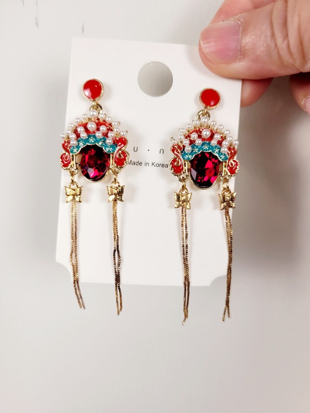 Brand New Gold Tone Red Chinese Opera Mask Dangle Earrings